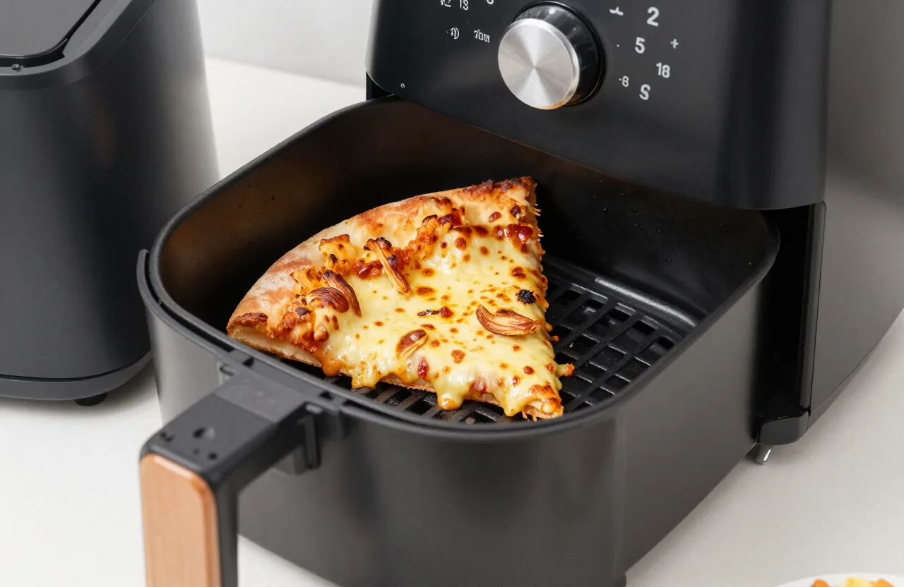 Air fryer pizza — a crispy pizza slice with melted cheese inside an open air fryer basket