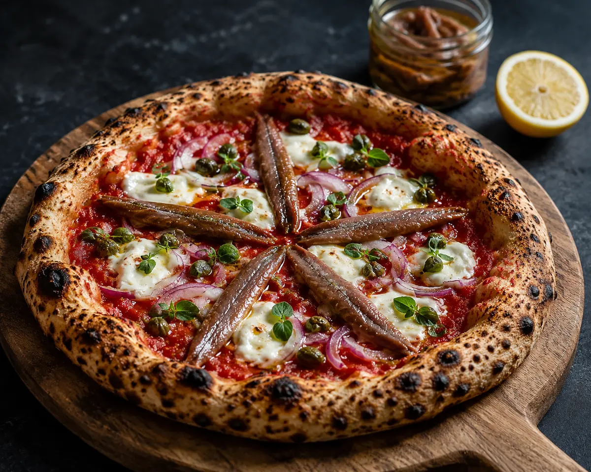 Neapolitan pizza with anchovies on pizza arranged over tomato sauce, capers and oregano