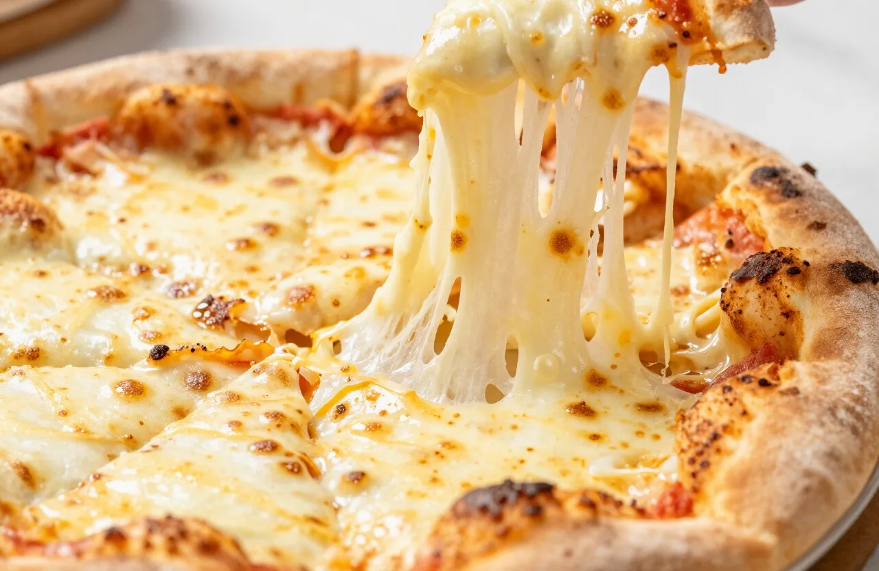Best cheese for pizza — stretchy melted mozzarella being pulled from a bubbly, browned pizza