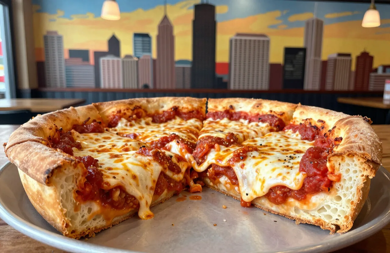 Best pizza in Chicago — a deep dish pizza cross-section with a Chicago skyline backdrop