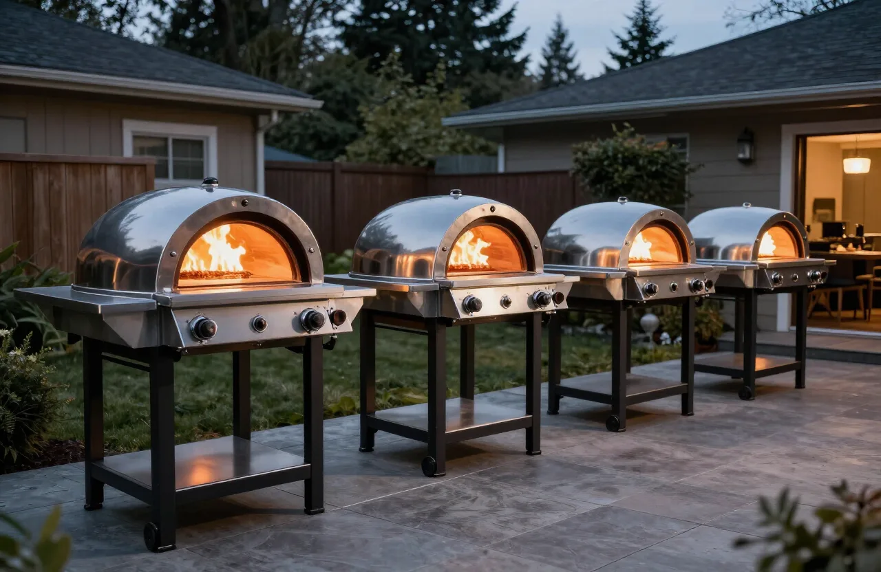 Best pizza ovens — a lineup of outdoor portable pizza ovens with flames on a patio