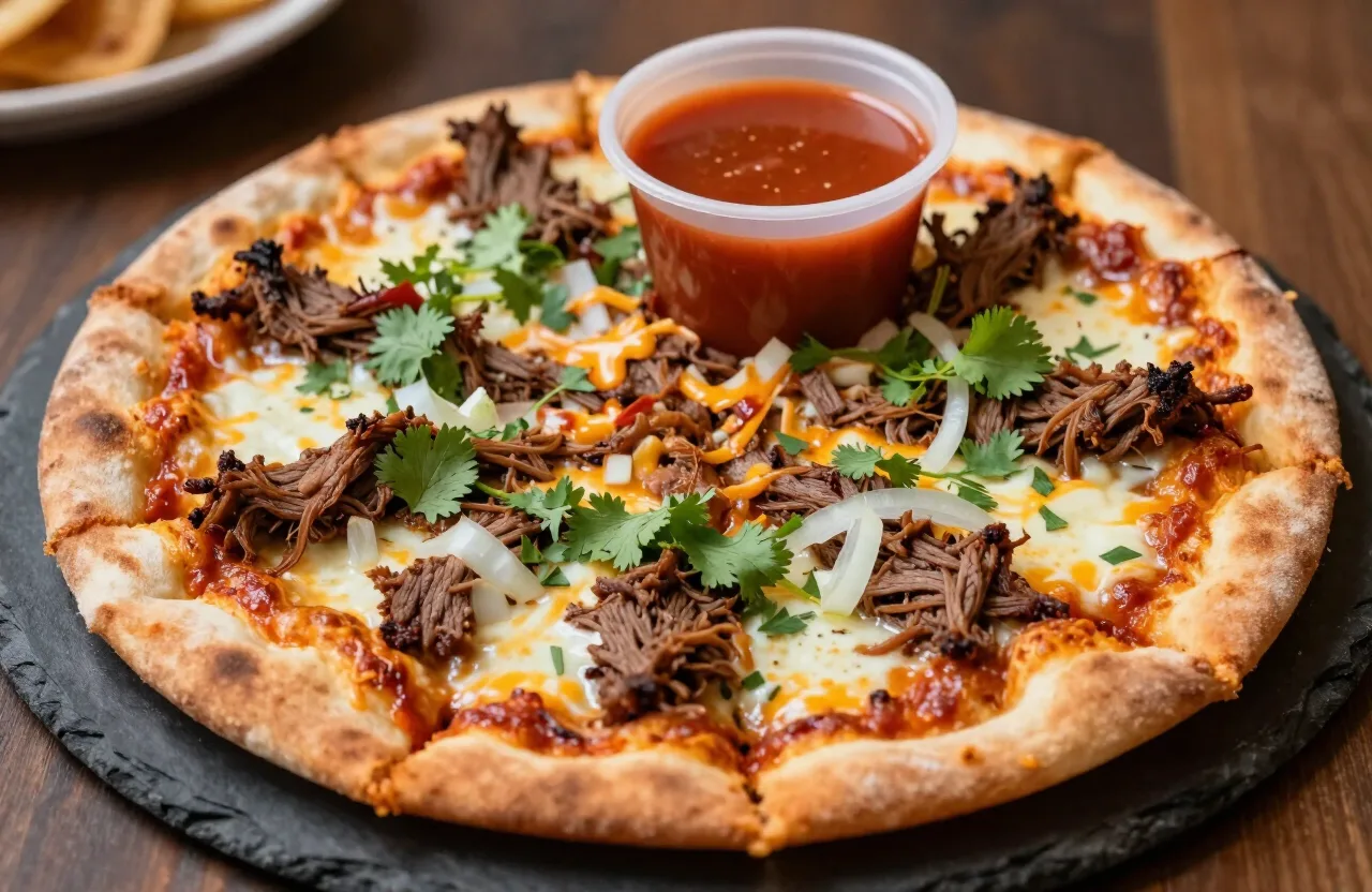 Birria pizza with slow-braised shredded beef, melted cheese, cilantro, onion and a cup of consommé