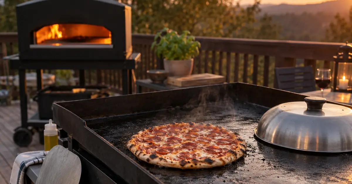 Blackstone pizza made on a flat-top griddle under a basting dome, with a gas pizza oven behind