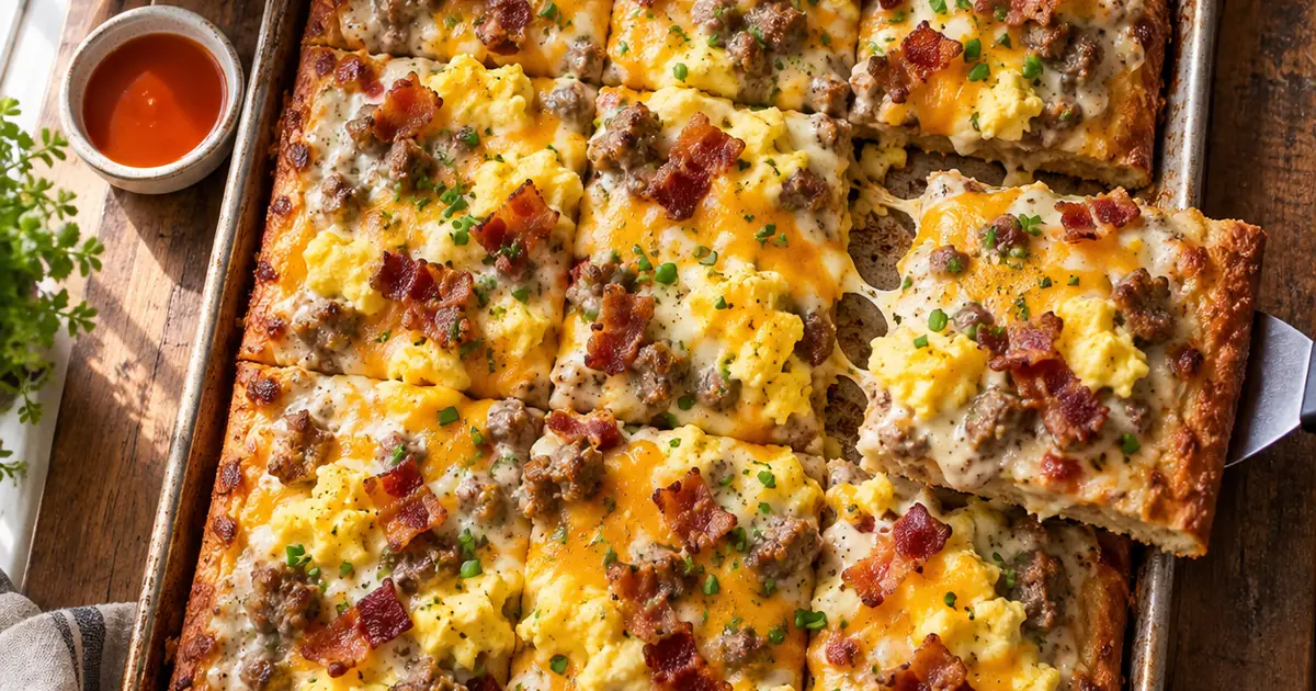 Breakfast pizza with scrambled eggs, crumbled sausage, bacon and melted cheddar cut into squares