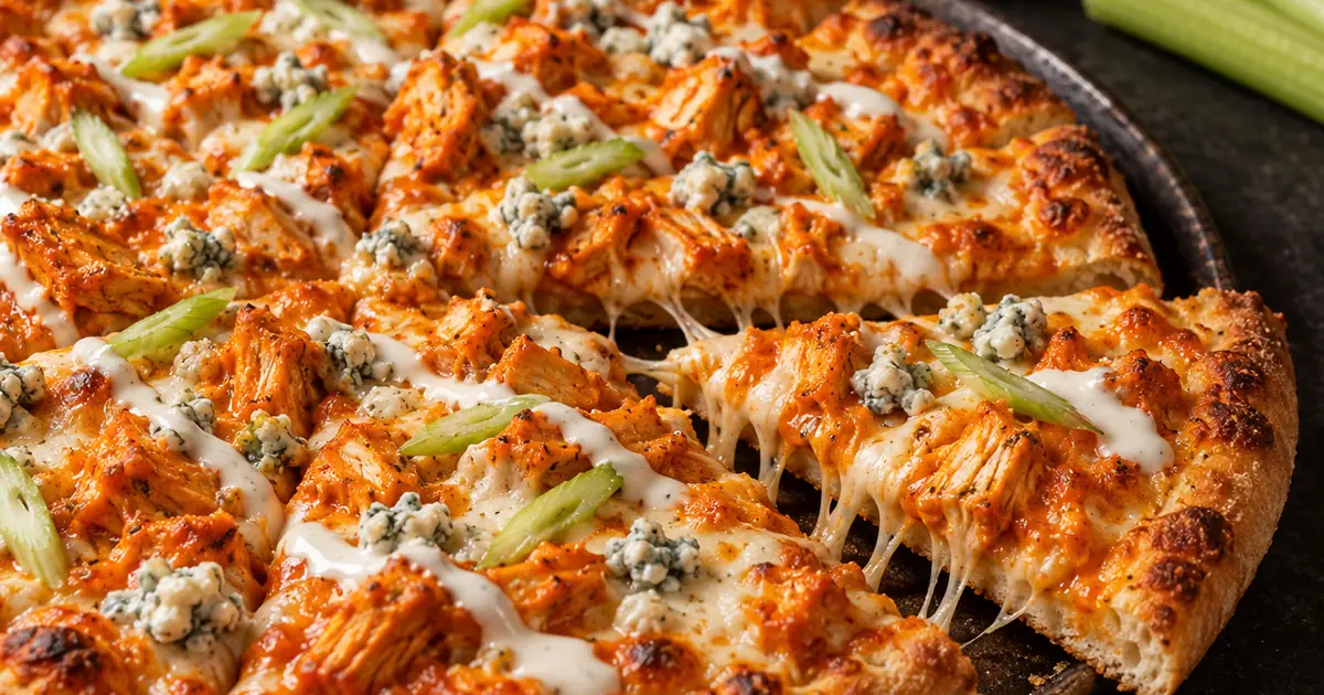 Buffalo chicken pizza with orange hot-sauce chicken, mozzarella, blue cheese crumbles and sliced celery