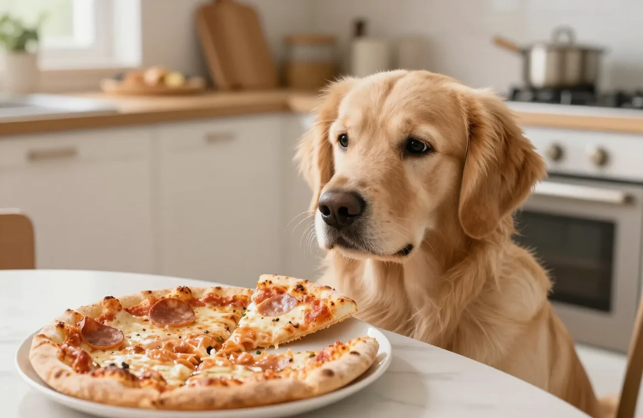 Can dogs eat pizza — a golden retriever looking longingly at a pizza slice in a home kitchen