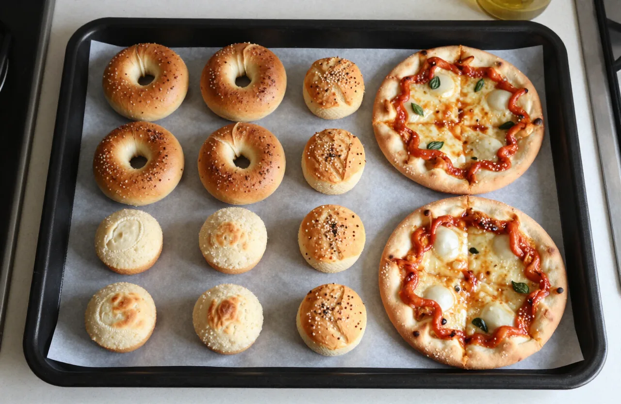 Easy pizza snacks — pizza bagels, naan pizza, english muffin minis and french bread pizza on a tray