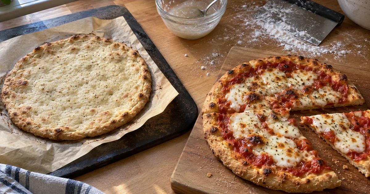 Gluten-free pizza crust recipe: a par-baked rice flour crust on parchment beside a bowl of psyllium gel and a second crust topped and baked