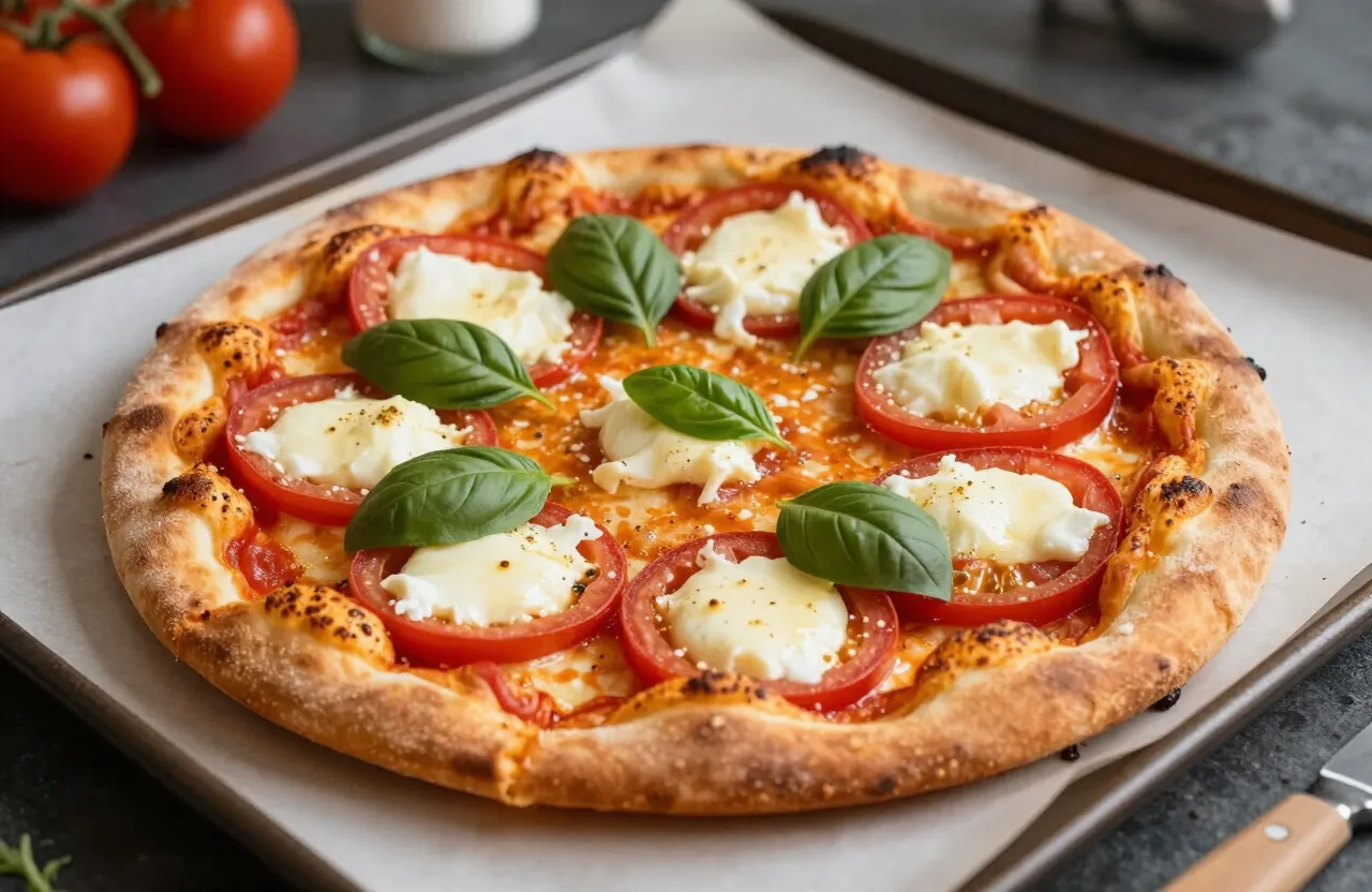 Gluten free pizza with a golden browned crust topped with tomato, basil and mozzarella