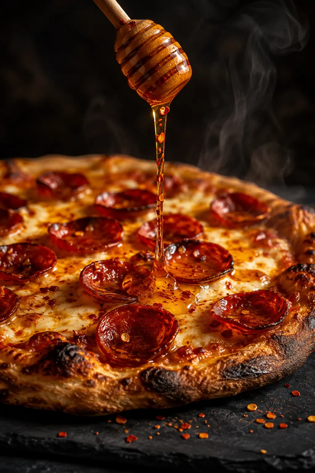 Hot honey pizza being drizzled with chili-infused honey over cup-and-char pepperoni