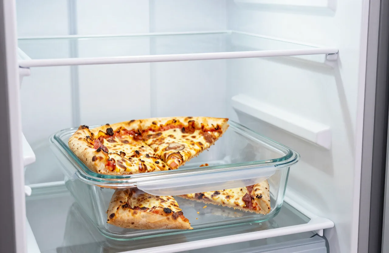 How long is pizza good for — leftover pizza slices stored in a glass container in the fridge