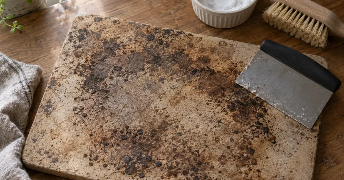How to clean a pizza stone: bench scraper, brush and baking soda beside a seasoned, stained pizza stone