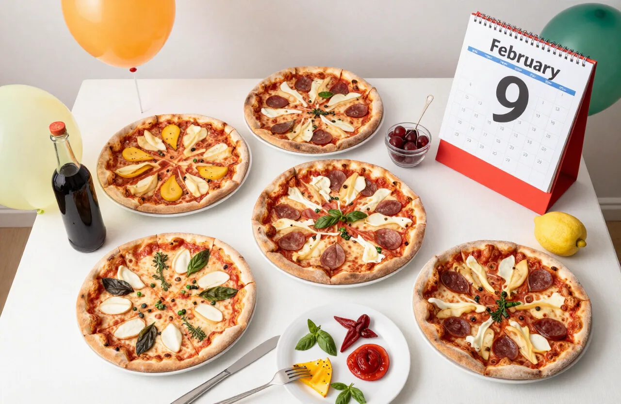 National Pizza Day celebration — a festive pizza party spread with a calendar marking February 9