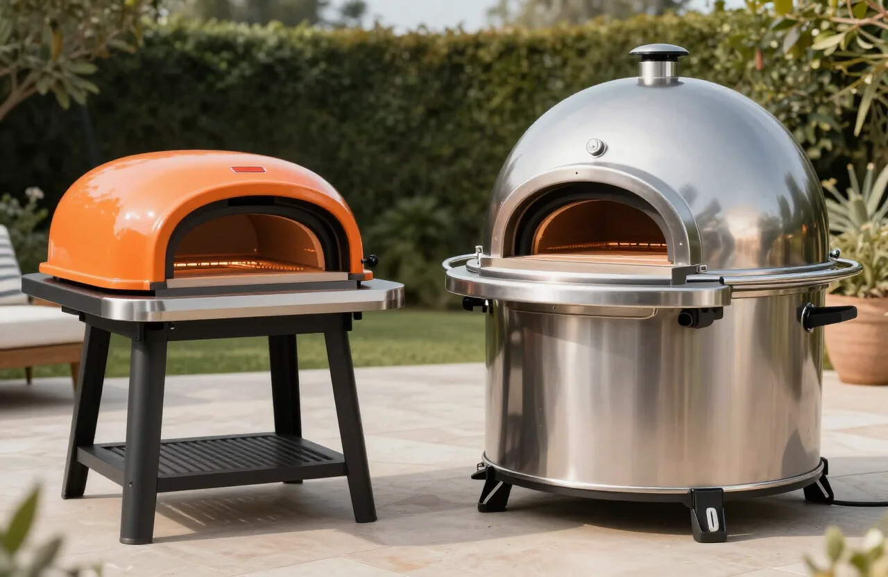 Ooni vs Gozney — two premium outdoor pizza ovens side by side for comparison on a patio