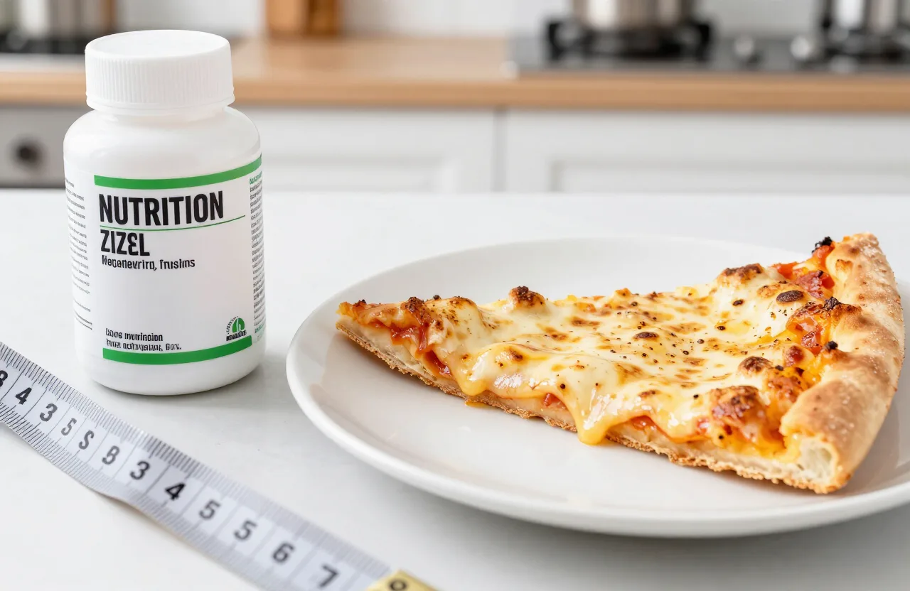 Pizza calories — a single slice of cheese pizza on a plate beside a nutrition label