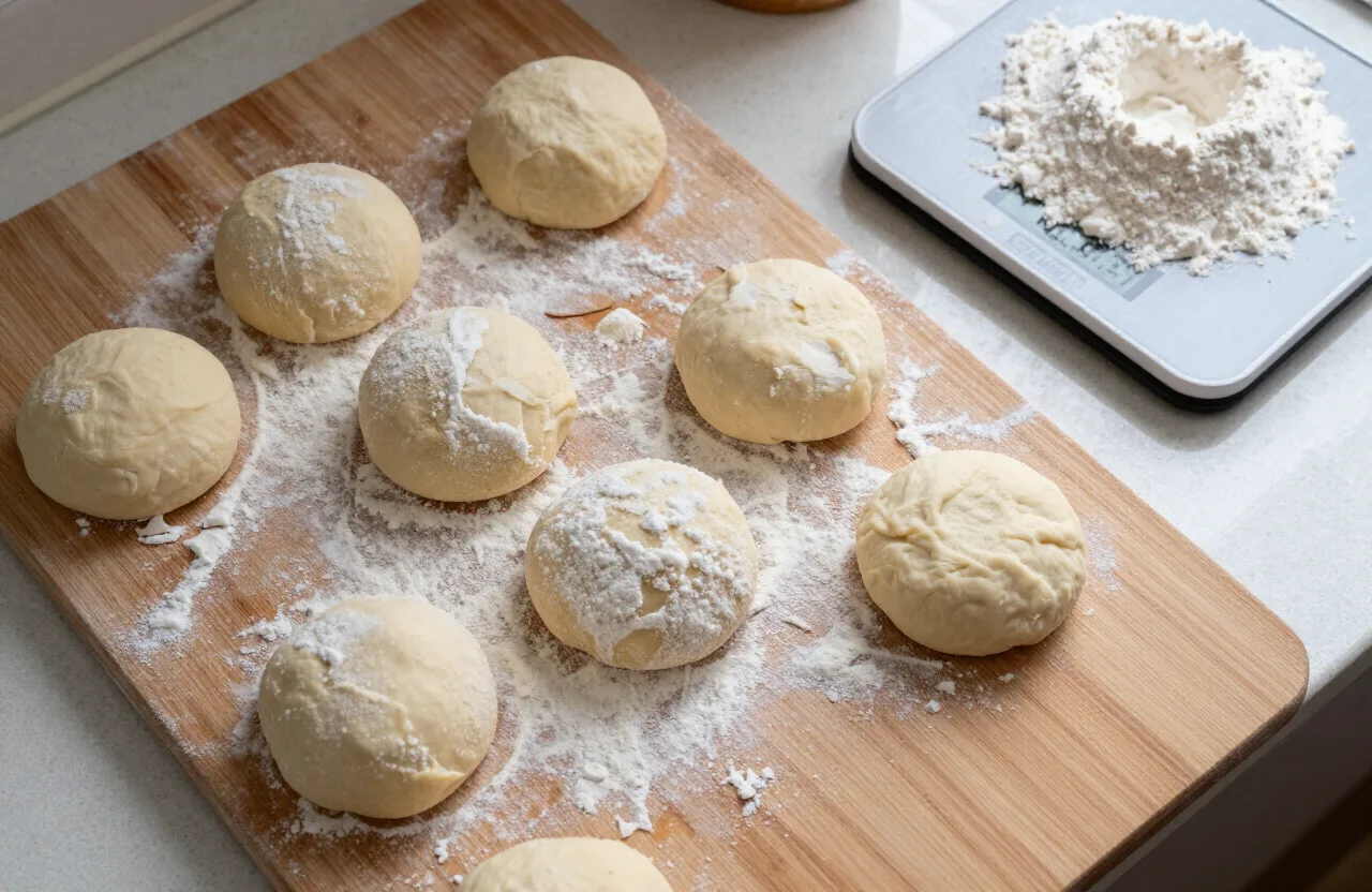 Pizza dough recipes — balls of fresh pizza dough resting on a floured wooden board with a scale
