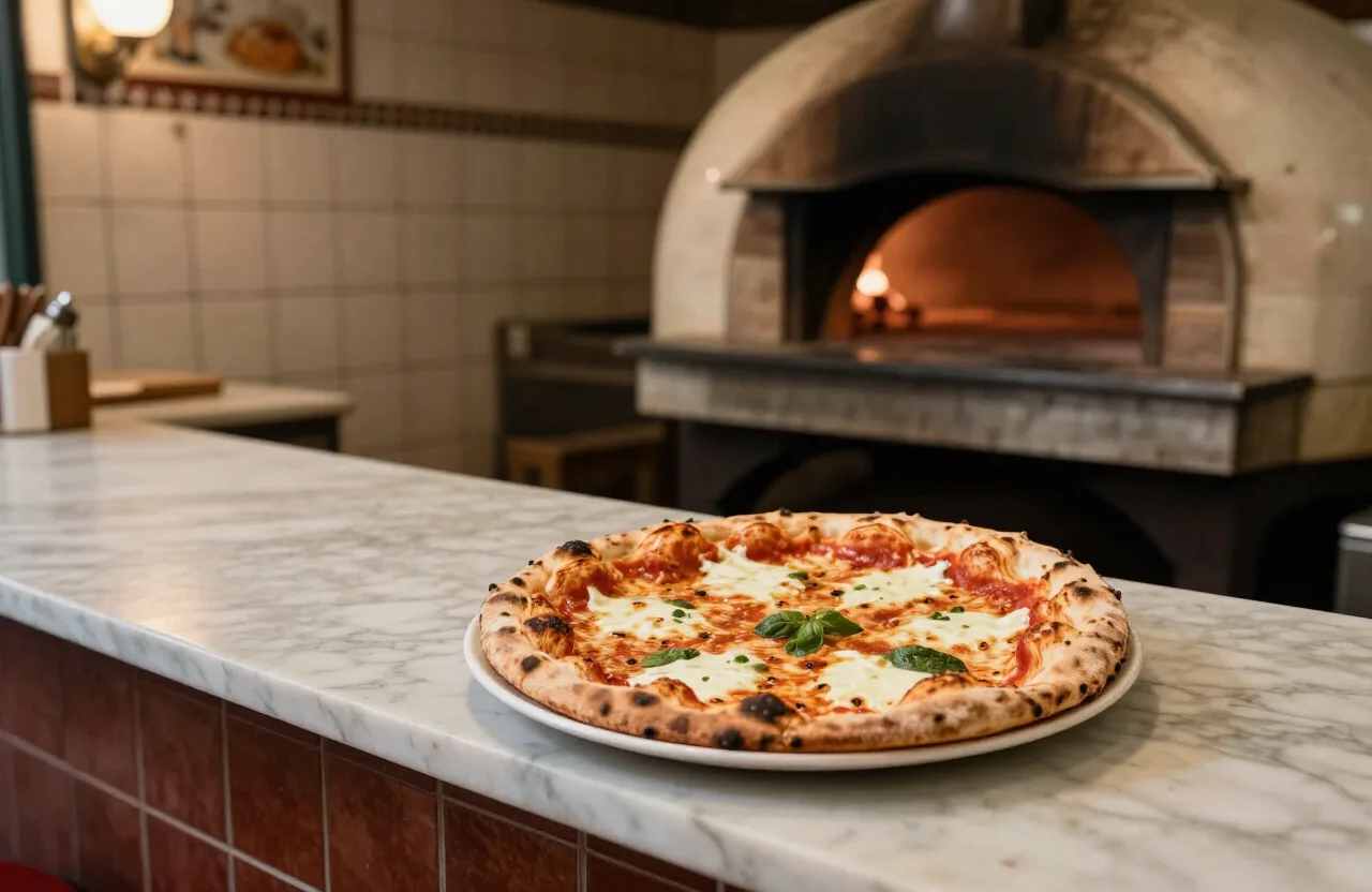 Pizza history — a classic Margherita pizza in a historic Naples pizzeria with a wood-fired oven