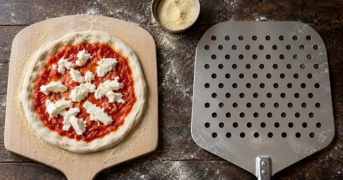 Pizza peel comparison: a wooden pizza peel and a perforated metal pizza peel side by side