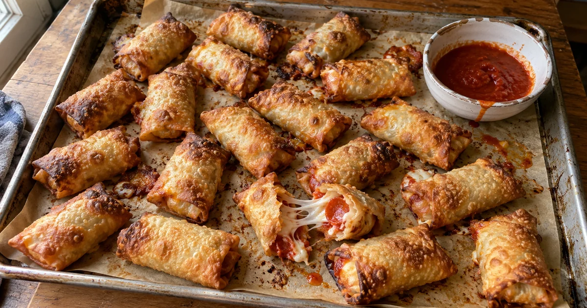 Pizza rolls piled on a sheet pan, golden and blistered, one split open to show melted mozzarella and pepperoni, with a bowl of marinara