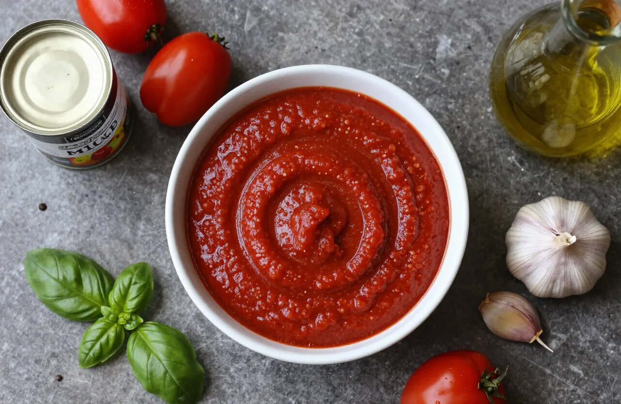 Pizza sauce — homemade red sauce in a bowl surrounded by canned San Marzano tomatoes and basil