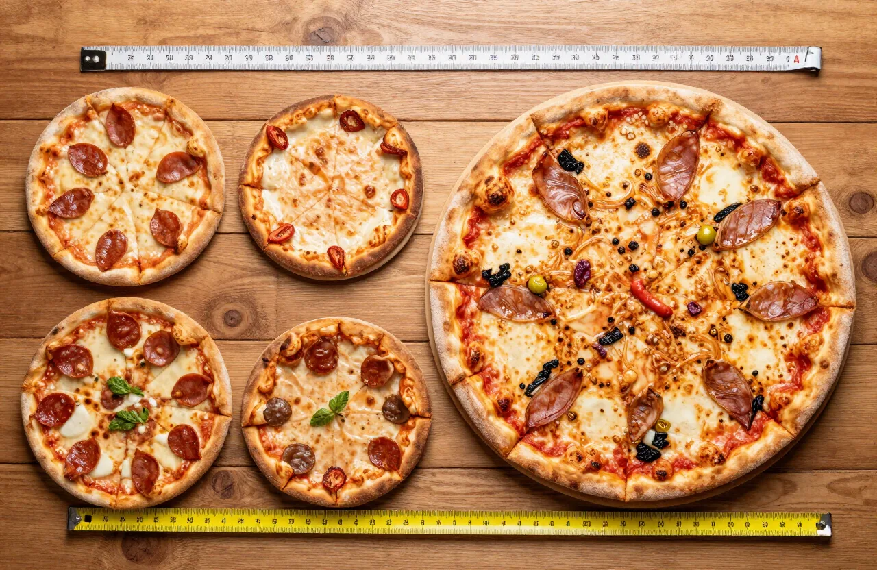 Pizza sizes compared — pizzas from small 10 inch to large 18 inch arranged to show scale