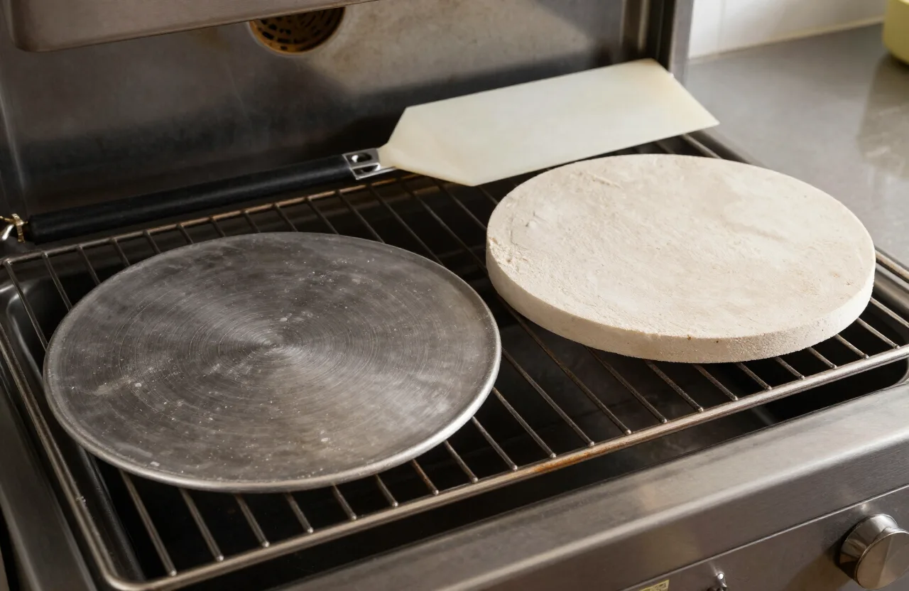 Pizza steel vs stone — a baking steel plate and a round pizza stone side by side on an oven rack