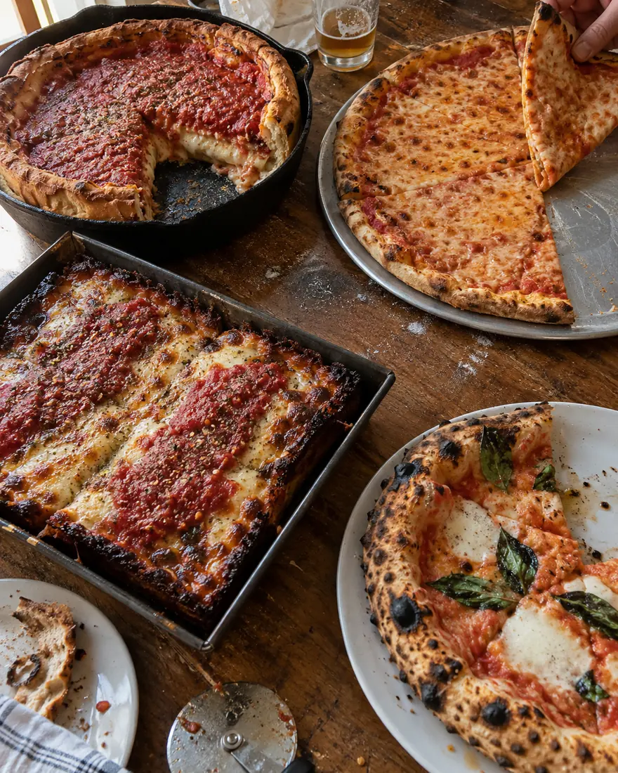 Four pizza styles on a wooden table: Chicago deep dish in a cast iron skillet, a New York cheese pie with a slice being folded, a Detroit style pan pizza with caramelized edges, and a Neapolitan Margherita with a blistered rim