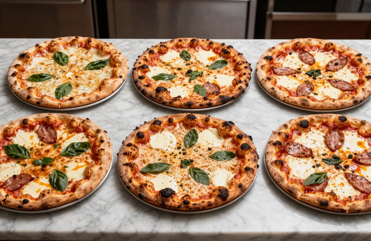 Types of pizza compared — several regional pizza styles side by side on a marble counter
