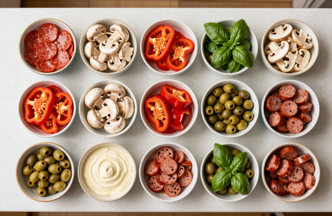 Pizza toppings flat lay — bowls of pepperoni, mushrooms, peppers, olives, basil and sausage
