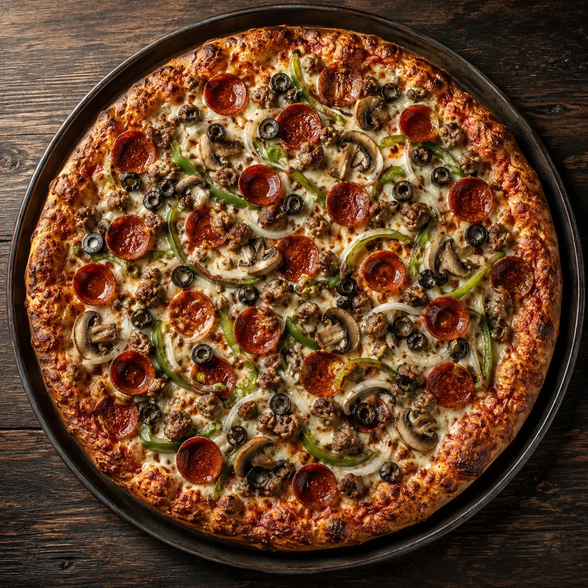 Whole supreme pizza topped with pepperoni, sausage, peppers, onions, mushrooms, and black olives
