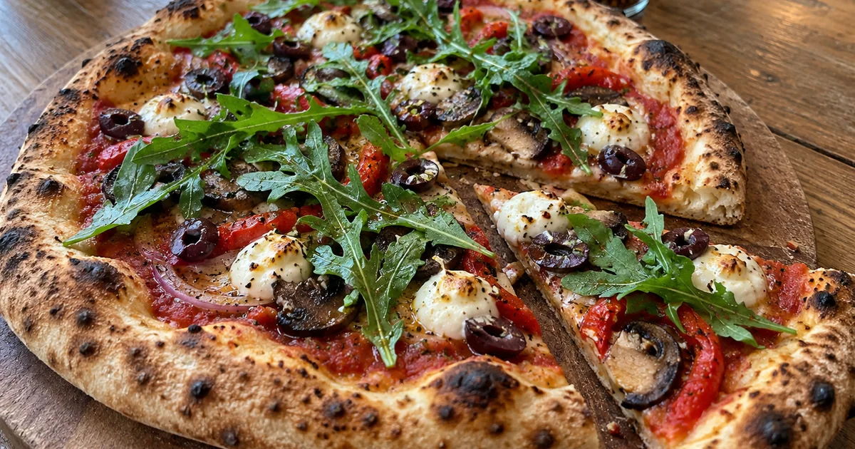 Vegan pizza with roasted mushrooms, red pepper, olives, dots of cashew cream and fresh arugula on a blistered crust